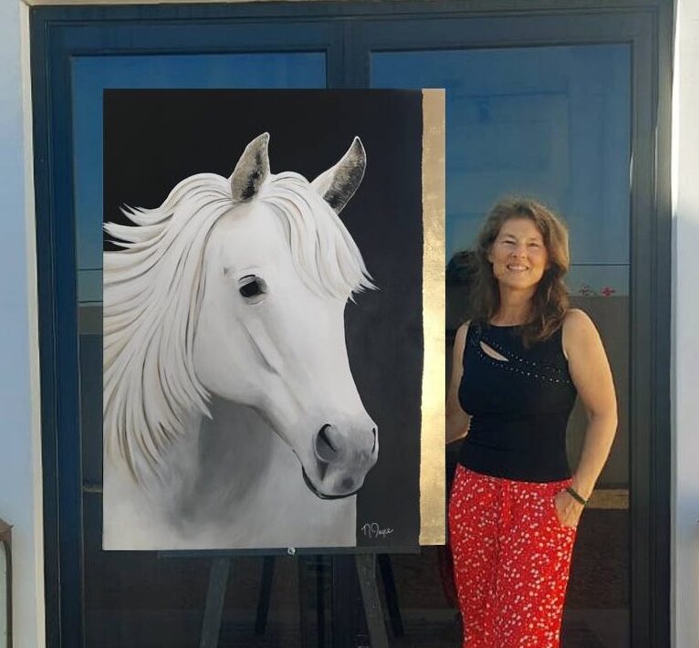 Golden Beauty painting pictured with artist Nancy Joyce