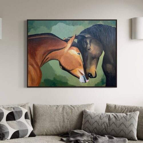 Soul Mates horse painting shown over sofa in an interior setting