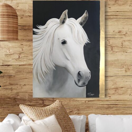 Golden Beauty horse painting with gold shown in an interior setting
