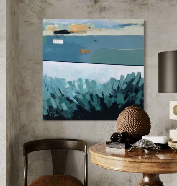 Undercurrent abstract art painting by Nancy Joyce with industrial interior