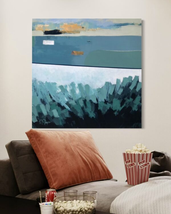 Undercurrent abstract painting shown on living room ininterior setting