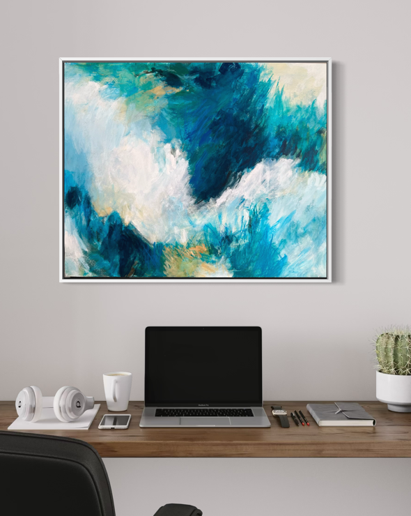 Blue Meadow abstract art painting by Nancy Joyce over computer