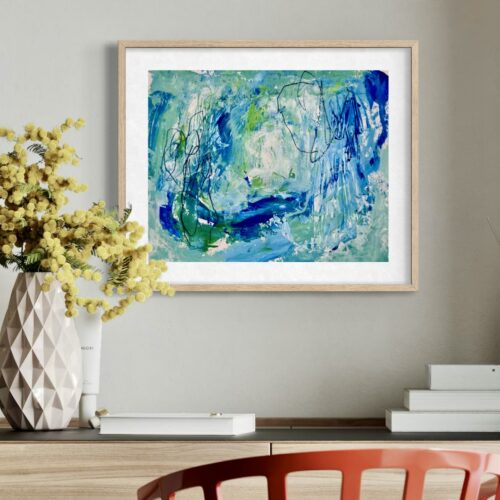 Blue Path original painting on paper by Nancy Joyce framed on wall