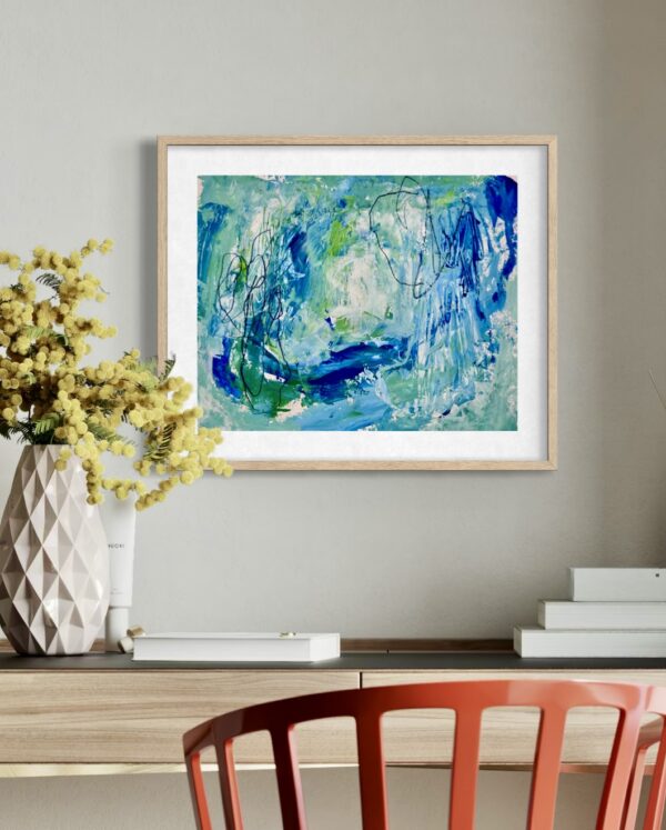 Blue Path original painting on paper by Nancy Joyce framed on wall