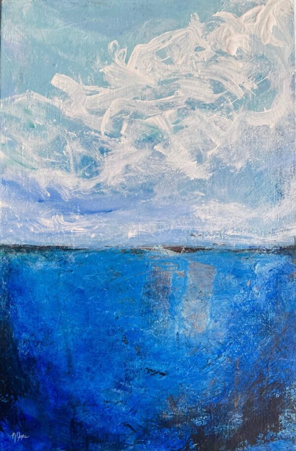 Fluffy Cloud over deep blue ocean, abstract art painting by Nancy Joyce