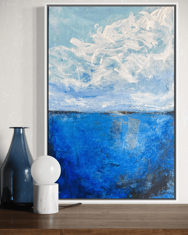 Fluffy Cloud abstract art painting by Nancy Joyce over desk