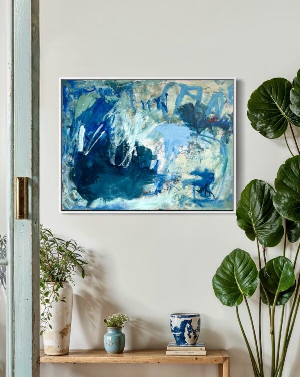 Messy Blue One abstract art painting in situ by Nancy Joyce