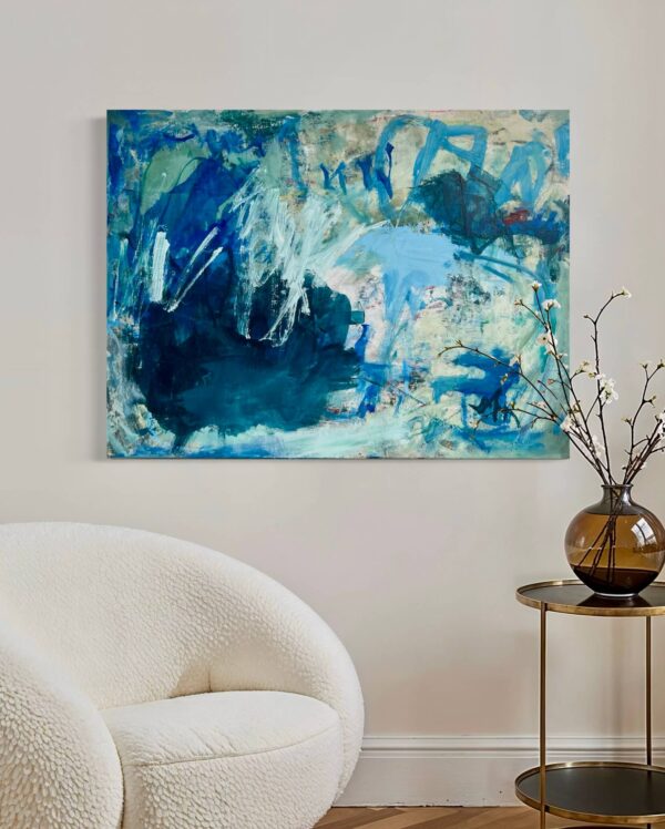 Messy Blue One abstract art by Nancy Joyce Original in white situ photo
