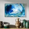 Messy Blue Small abstract art painting by Nancy Joyce in situ with vases