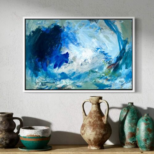 Messy Blue Small abstract art painting by Nancy Joyce in situ with vases