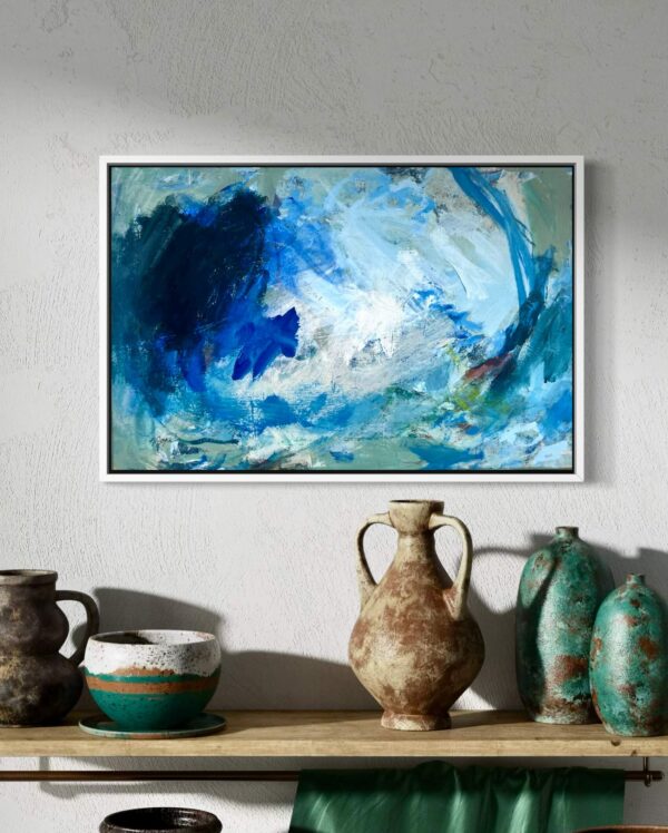 Messy Blue Small abstract art painting by Nancy Joyce in situ with vases