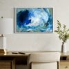 Messy Blue Small abstract art painting shown in living room ininterior setting