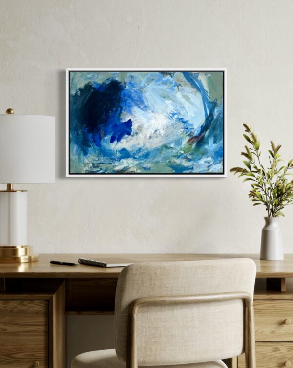 Messy Blue Small abstract art painting shown in living room ininterior setting